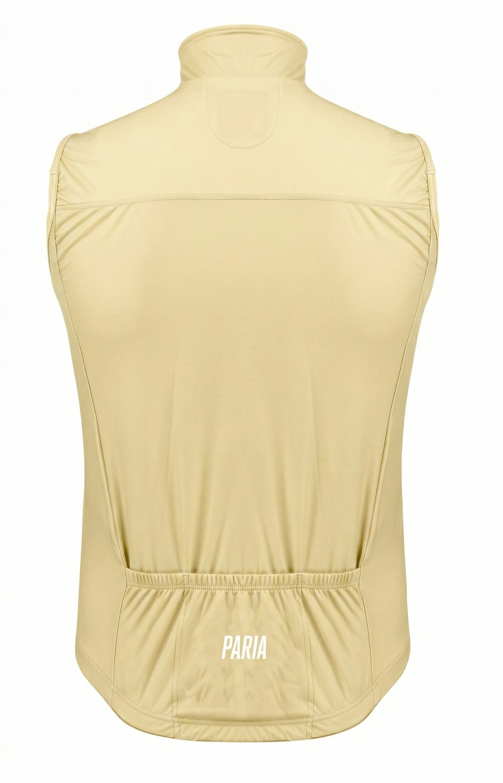 A light yellow cycling gilet with 3 pockets and a small PARIA logo to the pockets