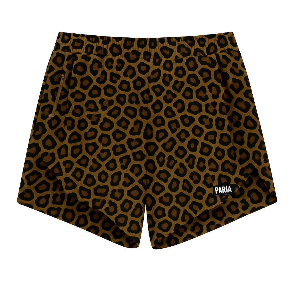 PARIA Animal print running shorts with a black rubberised logo on a white background