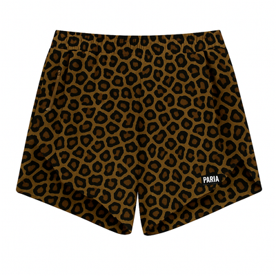 PARIA Animal print running shorts with a black rubberised logo on a white background