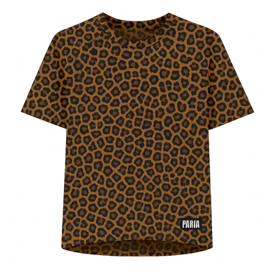 Leopard print t-shirt with 'PARIA' logo on a white background