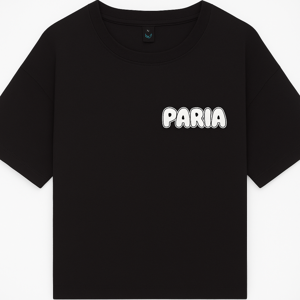 Black t-shirt with 'PARIA' printed on it against a white background