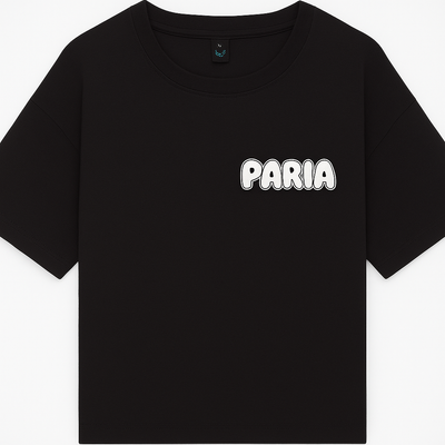 Black t-shirt with 'PARIA' printed on it against a white background