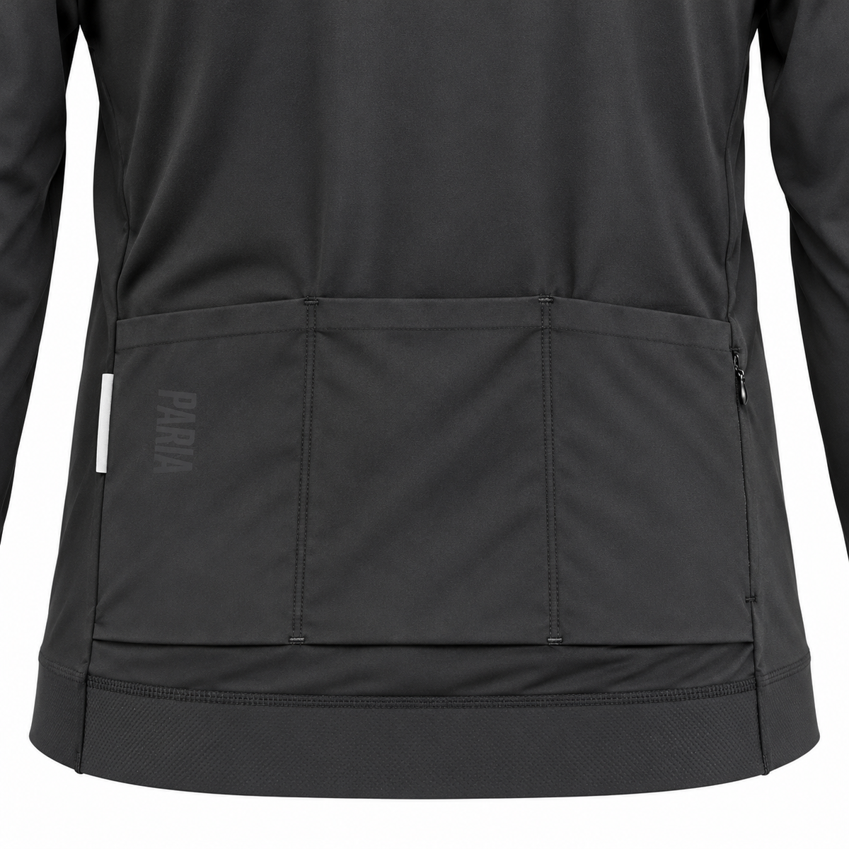 Close-up of the back of a black long-sleeve cycling jersey, showing a large rear zip pocket with the brand name 'PARIA' printed vertically in gray on the left side of the pocket.
