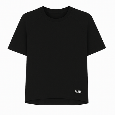 Black t-shirt with 'PARIA' branding on a white background