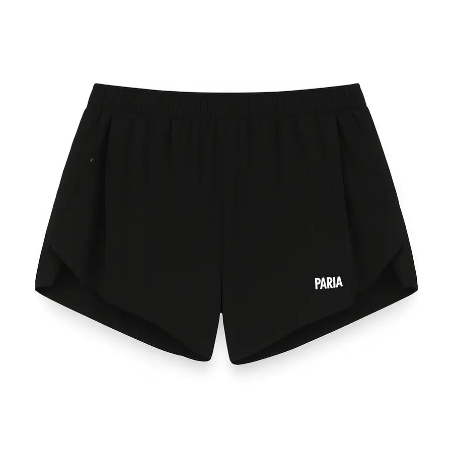 Black shorts with 'PARIA' branding on a white background
