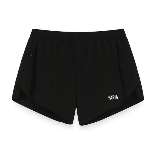 Black shorts with 'PARIA' branding on a white background