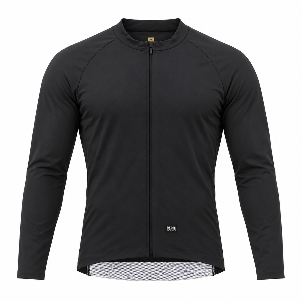 A black long-sleeve cycling jersey with a full-length front zipper, raglan sleeves, and a small white 'PAMA' logo near the bottom hem, displayed on a clean white background.