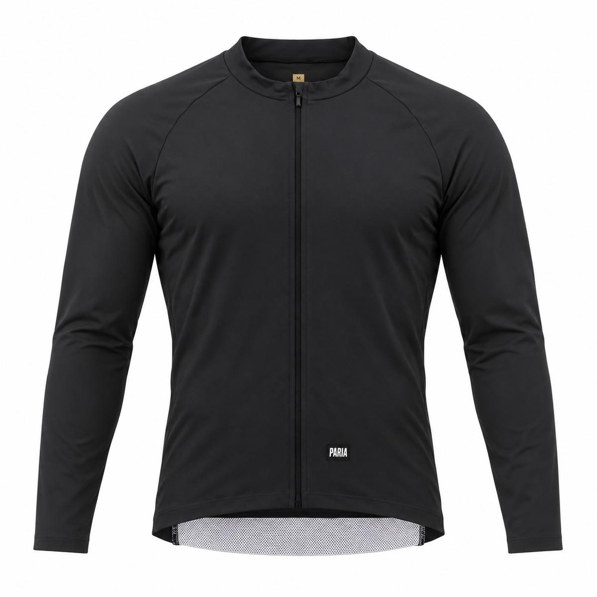 A black long-sleeve cycling jersey with a full-length front zipper, raglan sleeves, and a small white 'PAMA' logo near the bottom hem, displayed on a clean white background.