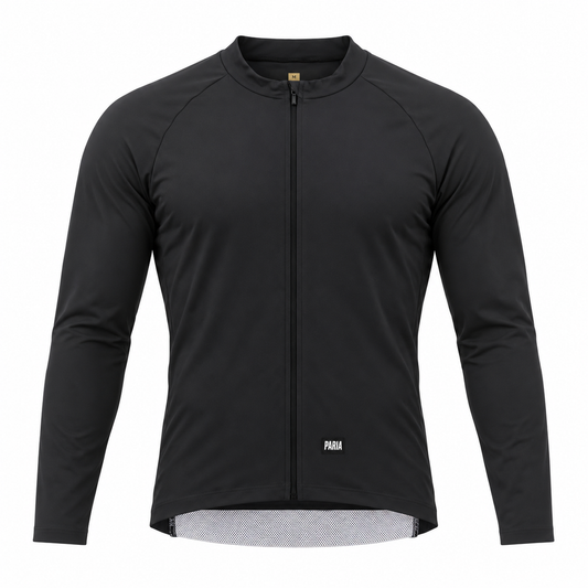 A black long-sleeve cycling jersey with a full-length front zipper, raglan sleeves, and a small white 'PAMA' logo near the bottom hem, displayed on a clean white background.