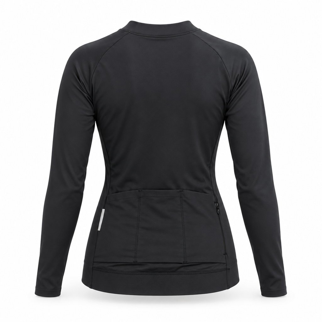A black long-sleeve cycling jersey shown from the back, featuring a high collar, raglan sleeves, and a large rear cargo pocket with a small reflective vertical detail on the left side, set against a plain white background.