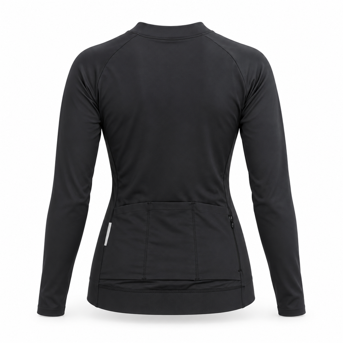 A black long-sleeve cycling jersey shown from the back, featuring a high collar, raglan sleeves, and a large rear cargo pocket with a small reflective vertical detail on the left side, set against a plain white background.