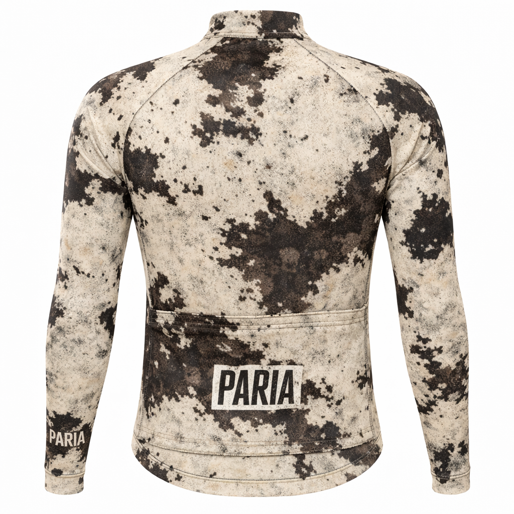 Cown print long-sleeve cycling jersey with 'PARIA' branding on a white background