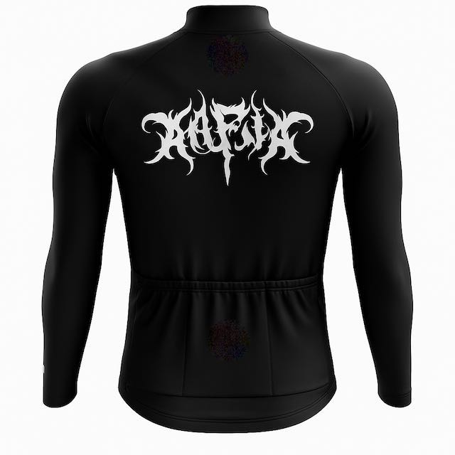 Black long-sleeve shirt with white text on the back against a white background. Slim fit thermal cycling jersey with three rear pockets and stretch panels for comfort