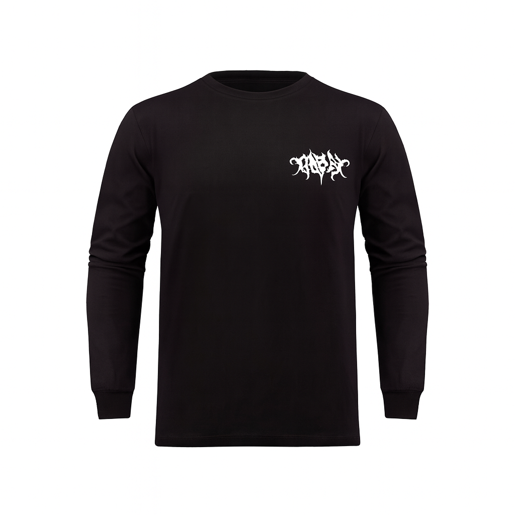 Black long-sleeve shirt with white logo on a white background