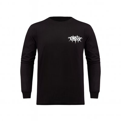 Black long-sleeve shirt with white logo on a white background