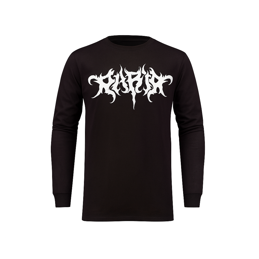 Black long-sleeve shirt with white graphic design on a white background