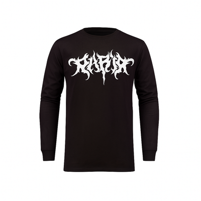 Black long-sleeve shirt with white graphic design on a white background