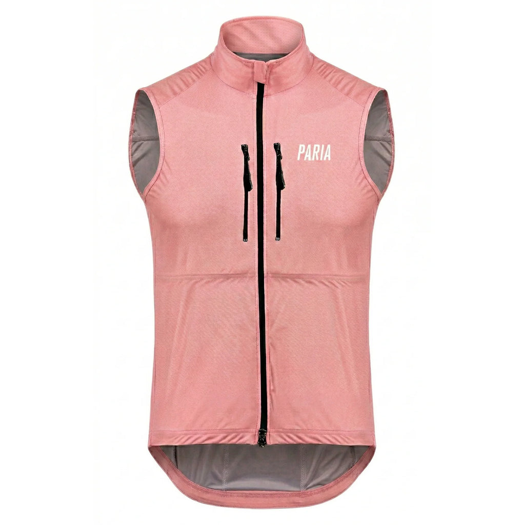 A light pink cycling gilet featuring two zipped pockets
