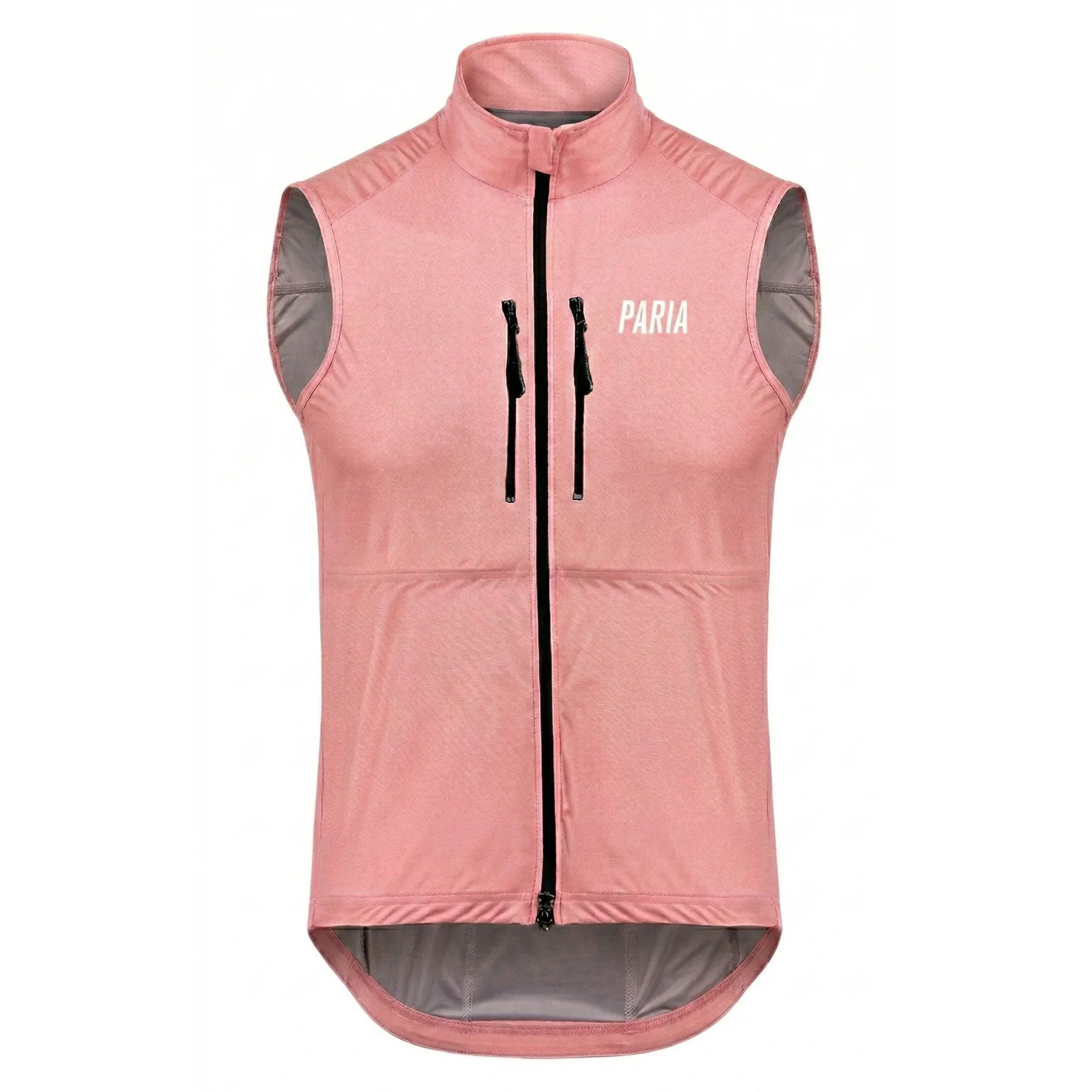 A light pink cycling gilet featuring two zipped pockets
