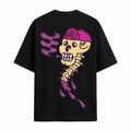 Black t-shirt with a colorful skeleton design on the back against a white background