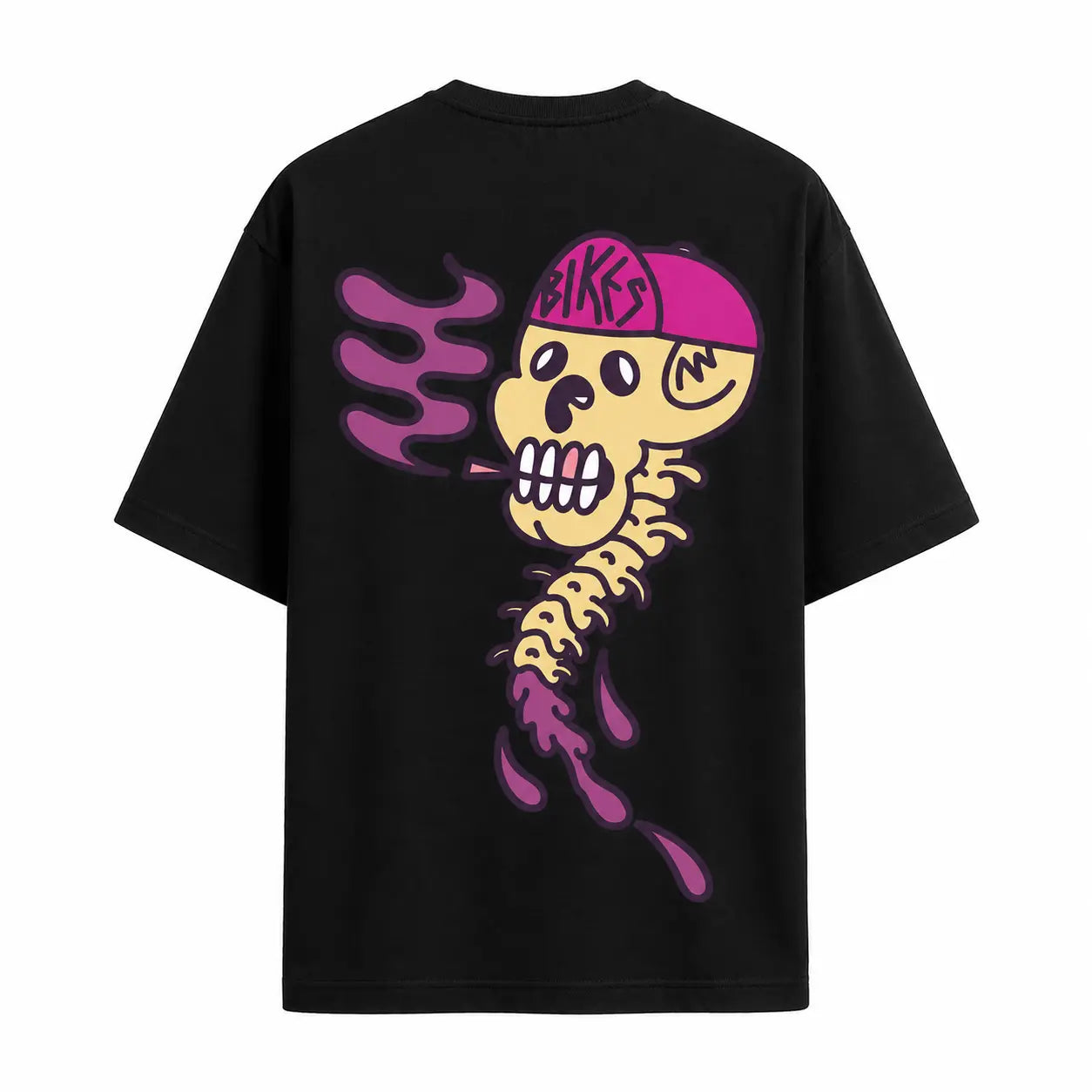 Black t-shirt with a colorful skeleton design on the back against a white background