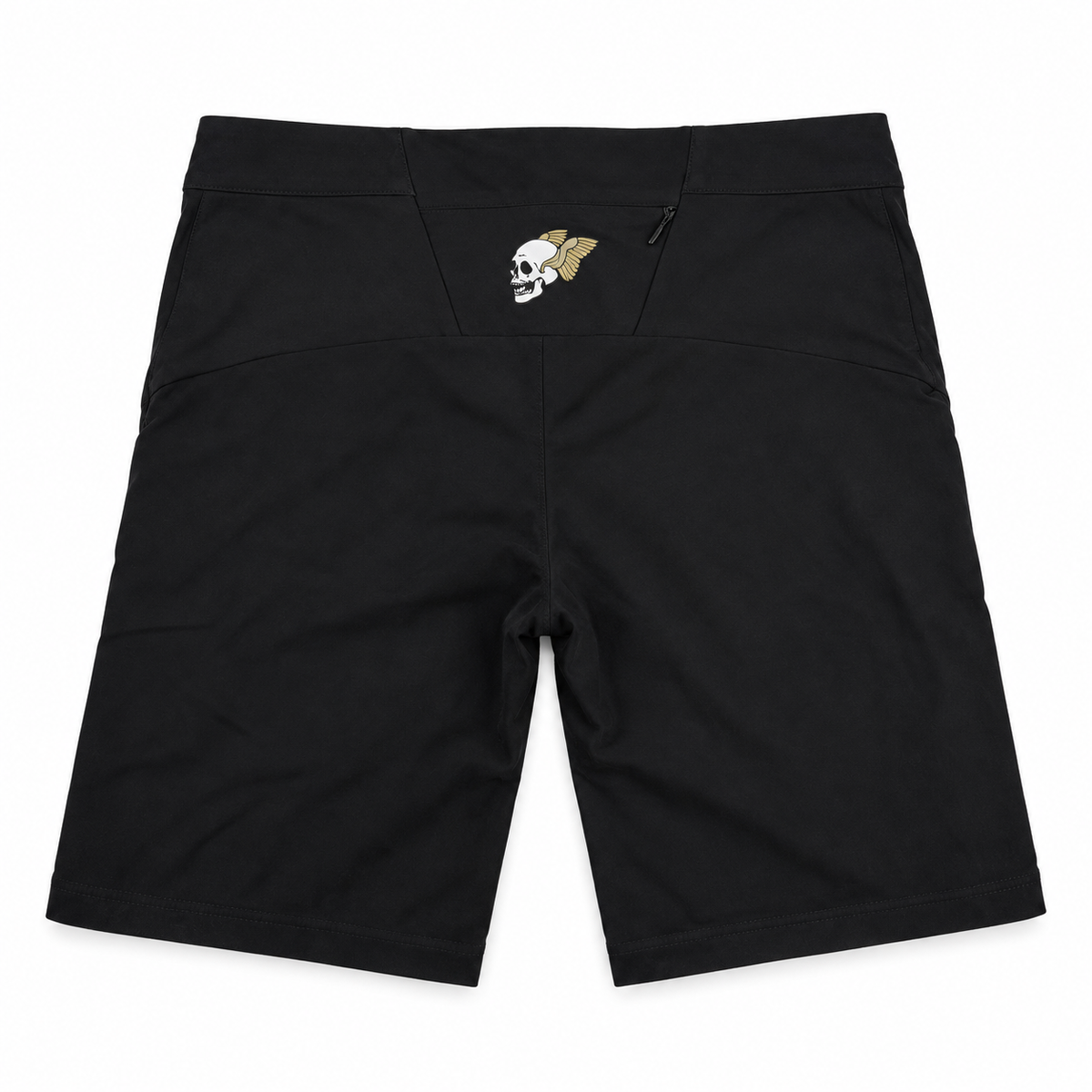 Black athletic shorts with a small embroidered skull and wing logo on the upper left hip, displayed flat against a white background.