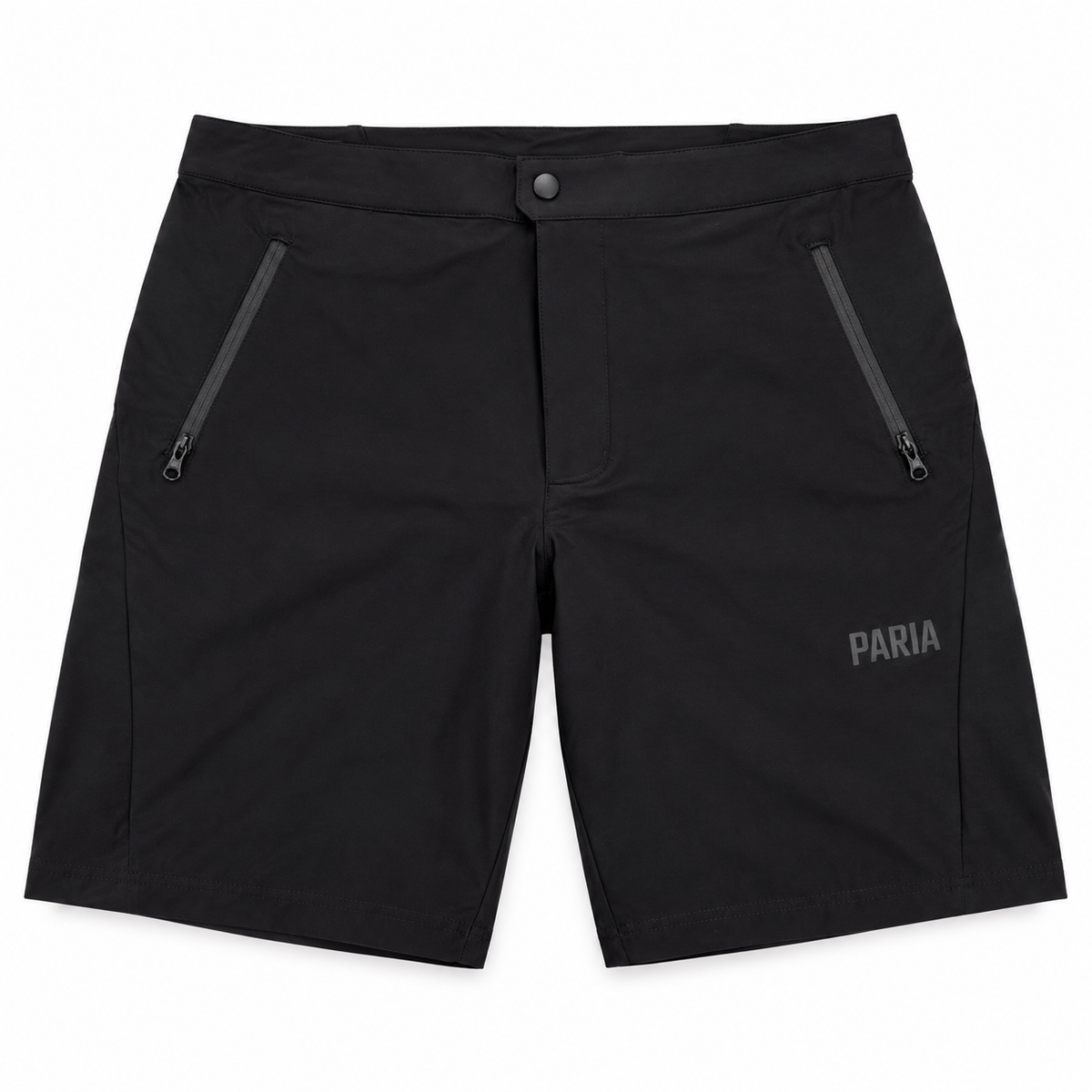 Black athletic shorts with zippered side pockets and a subtle gray 'PARIA' logo on the lower left leg, shown flat on a white background.