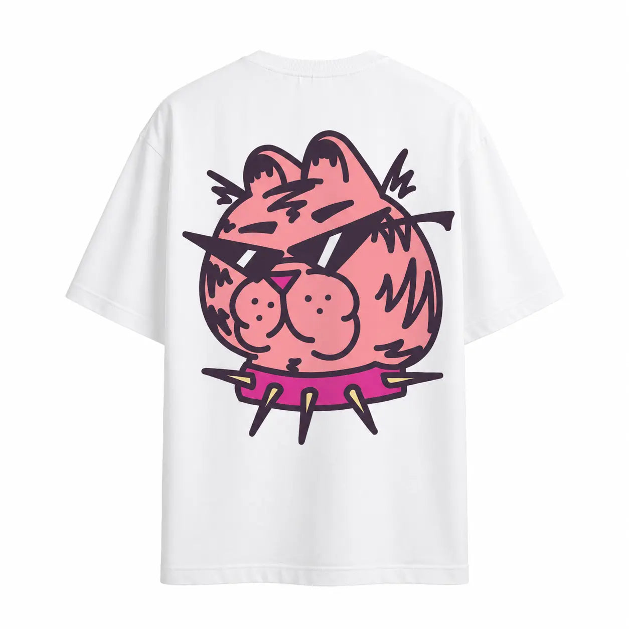 White t-shirt with a pink and black cartoon character on the back against a white background