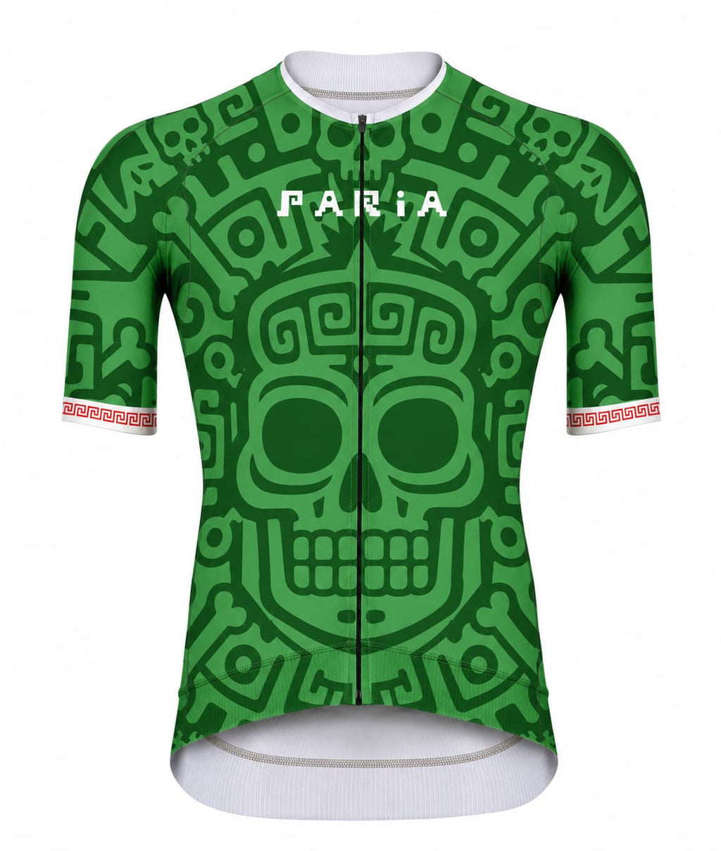 Green cycling jersey with skull design and 'Faria' branding on a white background