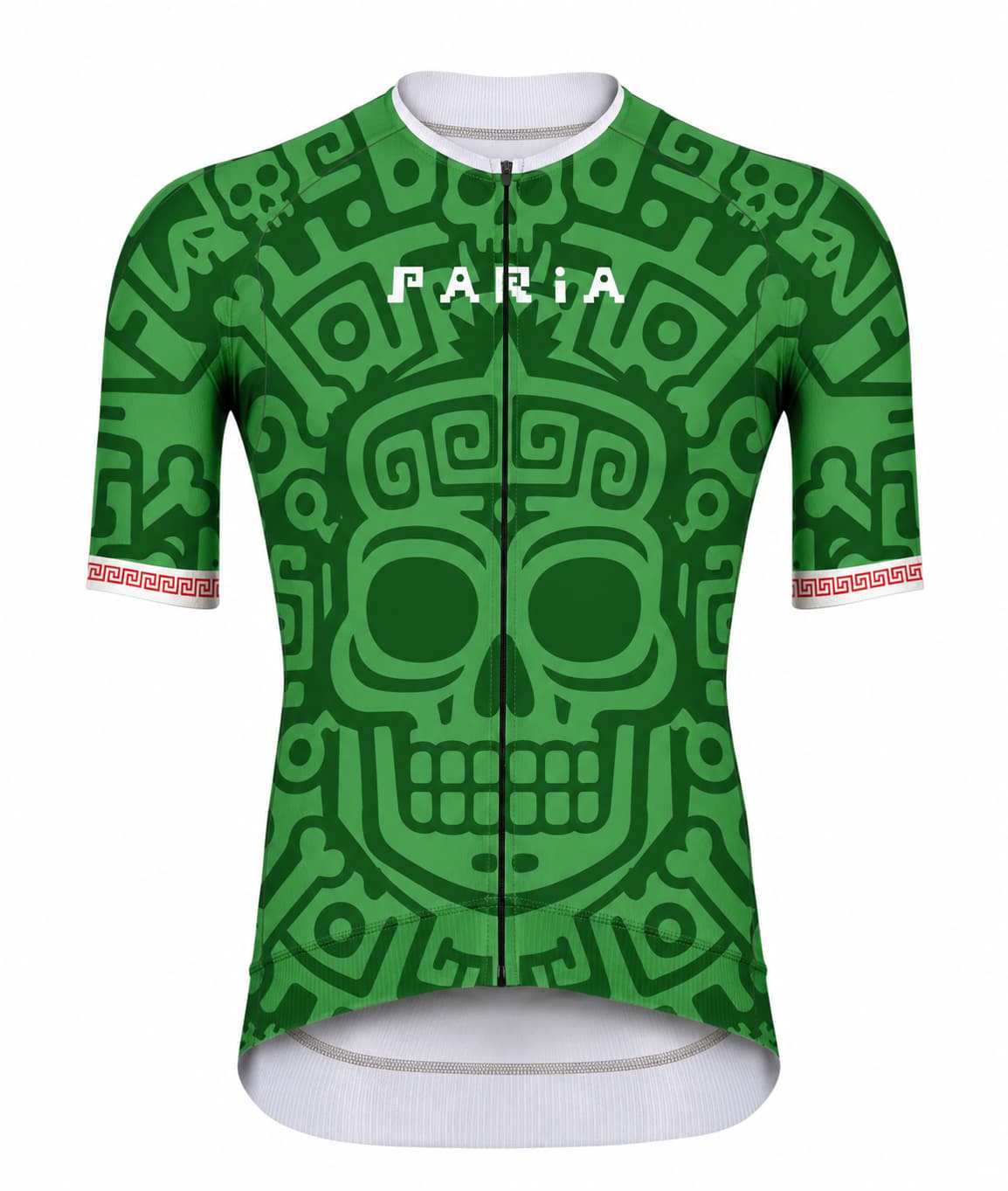 Green cycling jersey with skull design and 'Faria' branding on a white background