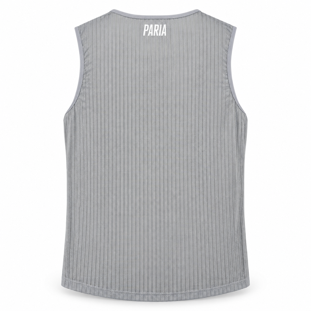 A sleeveless gray ribbed tank top shown from the back, featuring the brand name 'PARIA' printed in white near the top center.