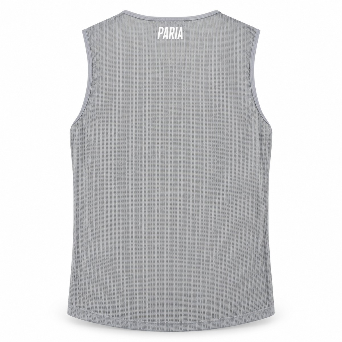 A sleeveless gray ribbed tank top shown from the back, featuring the brand name 'PARIA' printed in white near the top center.