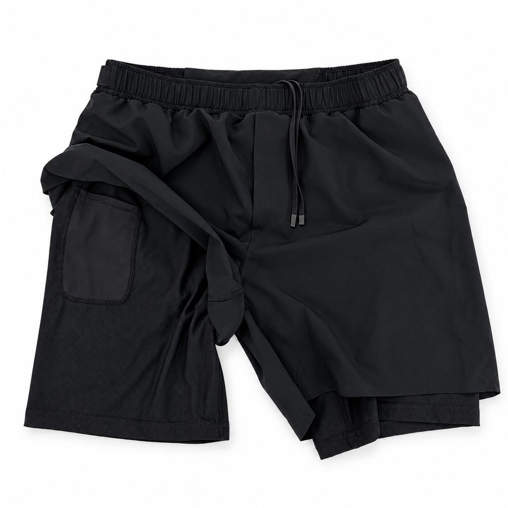 Black athletic shorts with an elastic waistband, drawstring, and a large side cargo pocket, shown flat on a white background.