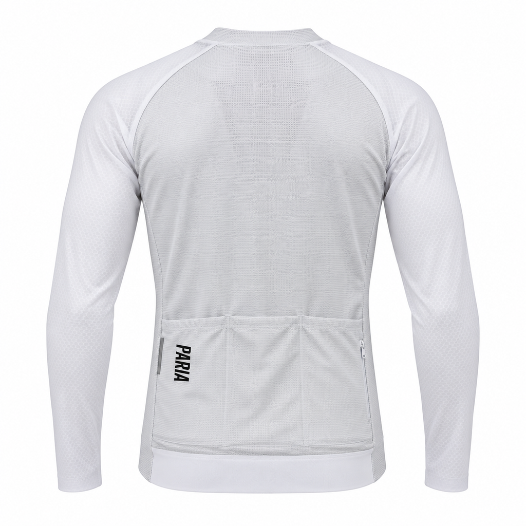 White long-sleeve cycling jersey shown from the back, featuring three rear pockets and a vertical black 'PARA' logo on the left pocket.