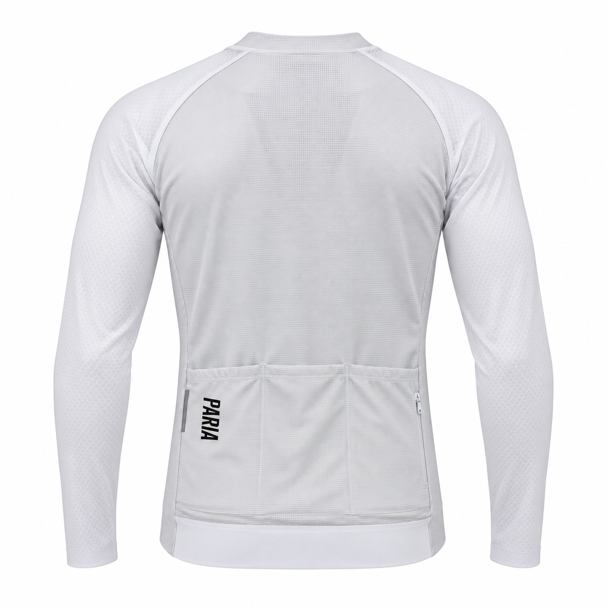 White long-sleeve cycling jersey shown from the back, featuring three rear pockets and a vertical black 'PARA' logo on the left pocket.