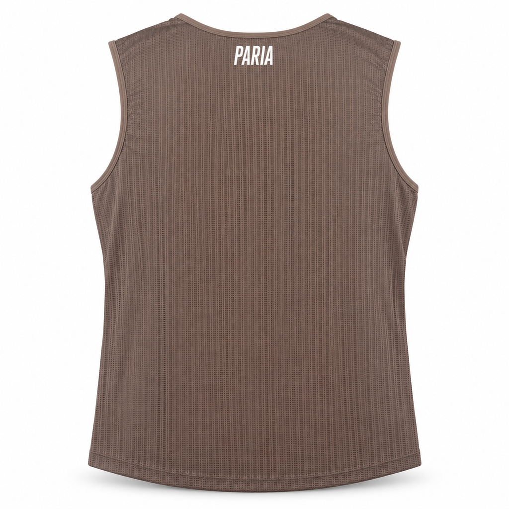 A sleeveless ribbed tank top in dark brown, 