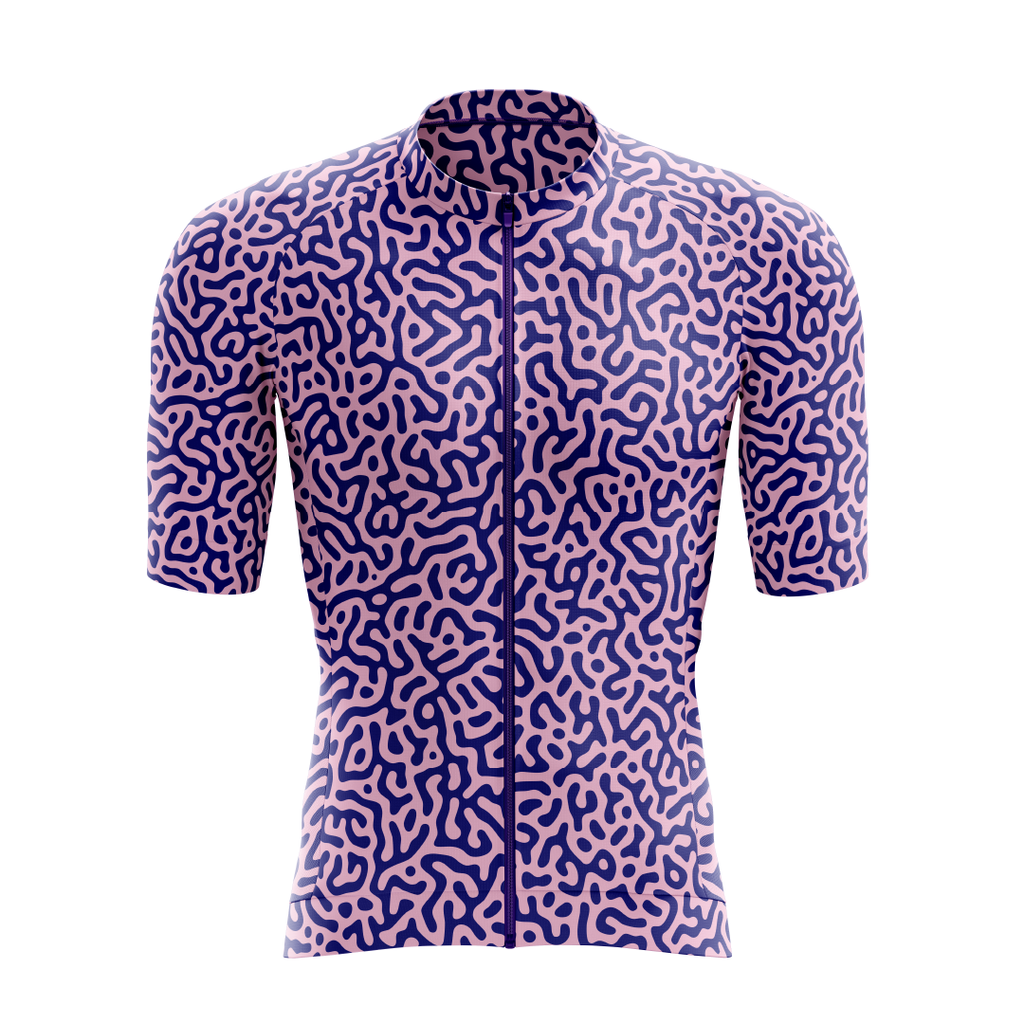 [design:Kinetic] Front view. A short sleeve cycling jersey featuring a geometric pattern in purple and blue colors.