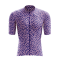 [design:Kinetic] Front view. A short sleeve cycling jersey featuring a geometric pattern in purple and blue colors.