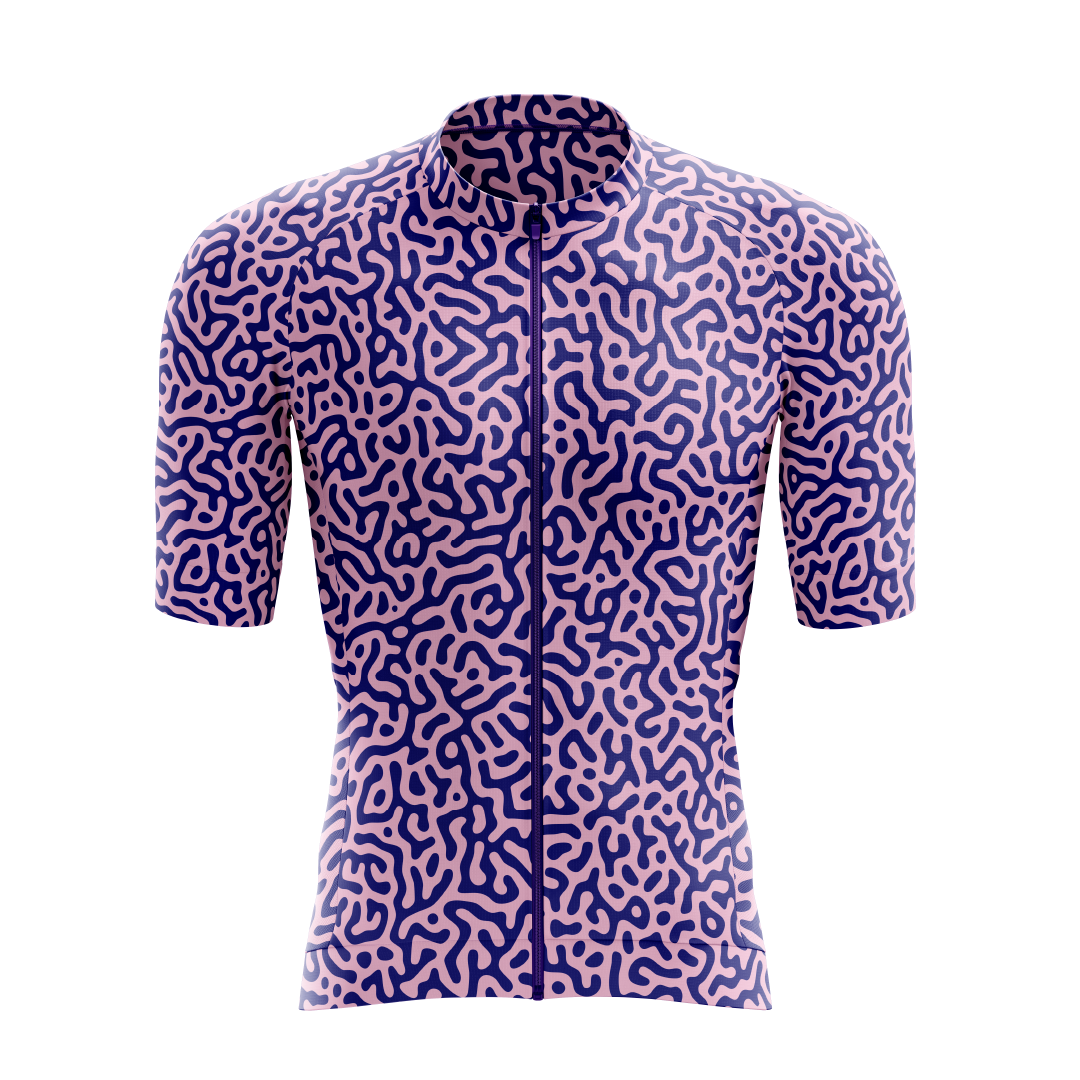 A short sleeve cycling jersey featuring a geometric pattern in purple and blue colors.