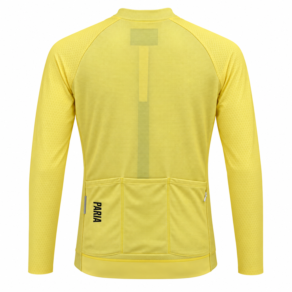 A yellow long-sleeve cycling jersey shown from the back, featuring a textured mesh fabric, a vertical reflective stripe, and two rear pockets with the brand name 'Piaja' printed on the lower left pocket.