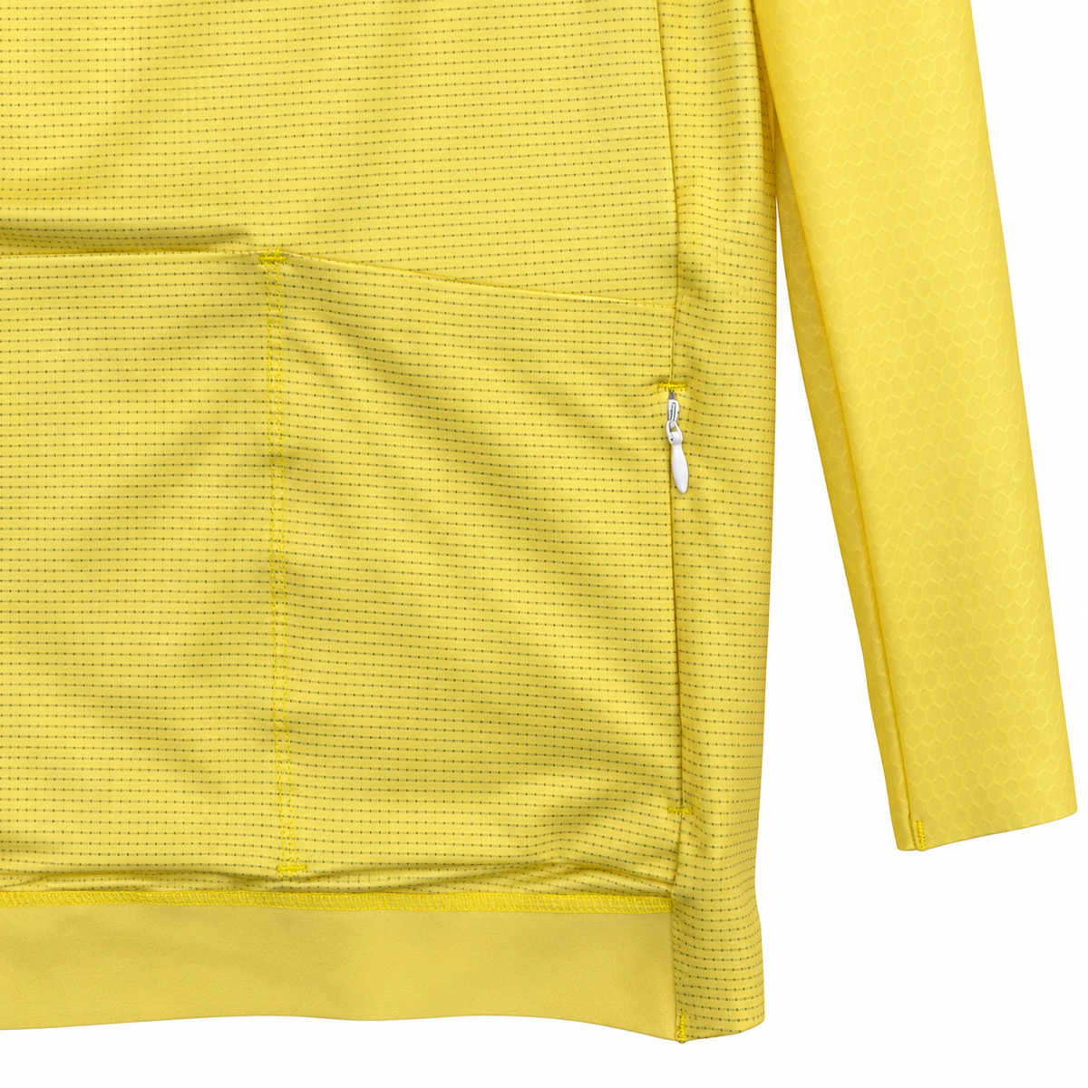 Close-up of a yellow long-sleeve athletic top showing the textured fabric, a front pocket, and a side zip pocket on a white background.