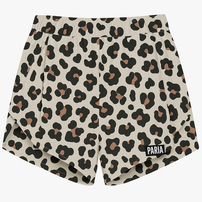 A leopard print running short with a PARIA logo in black to the leg. 