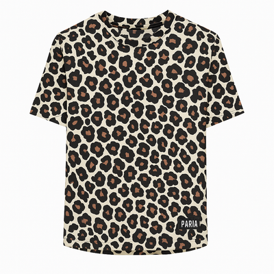 Leopard print t-shirt with 'PARIA' branding on a white background