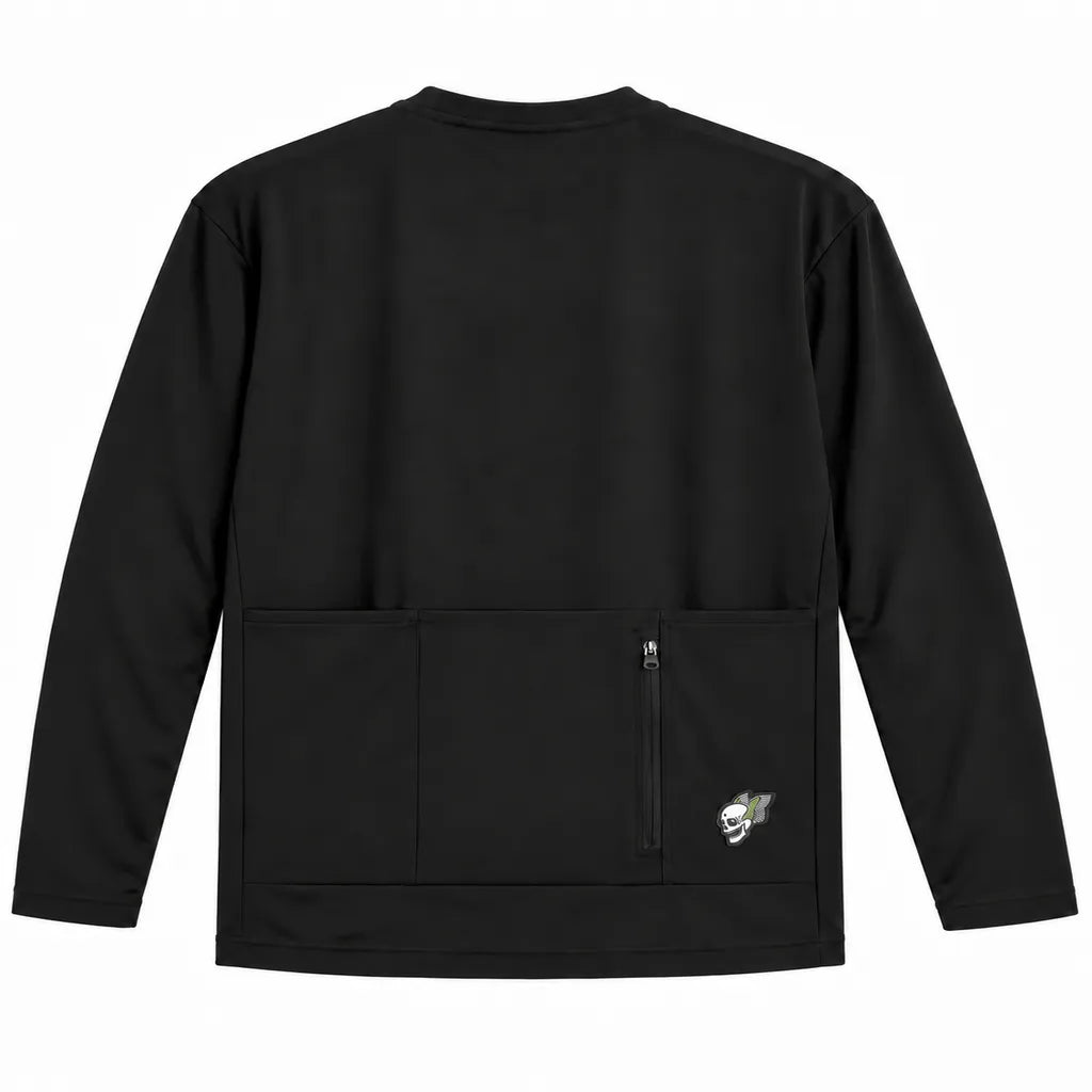 A black long-sleeve pullover jacket with a zippered front pocket on the lower front, shown against a plain white background.
