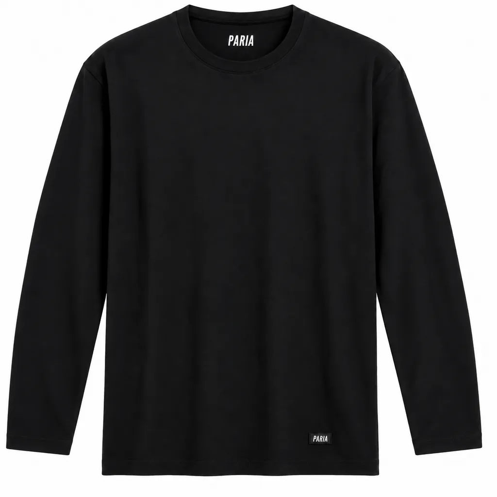 A black long-sleeve crewneck t-shirt with 'PARIA' printed in white on the inner neck label and near the bottom left hem, shown against a plain white background.