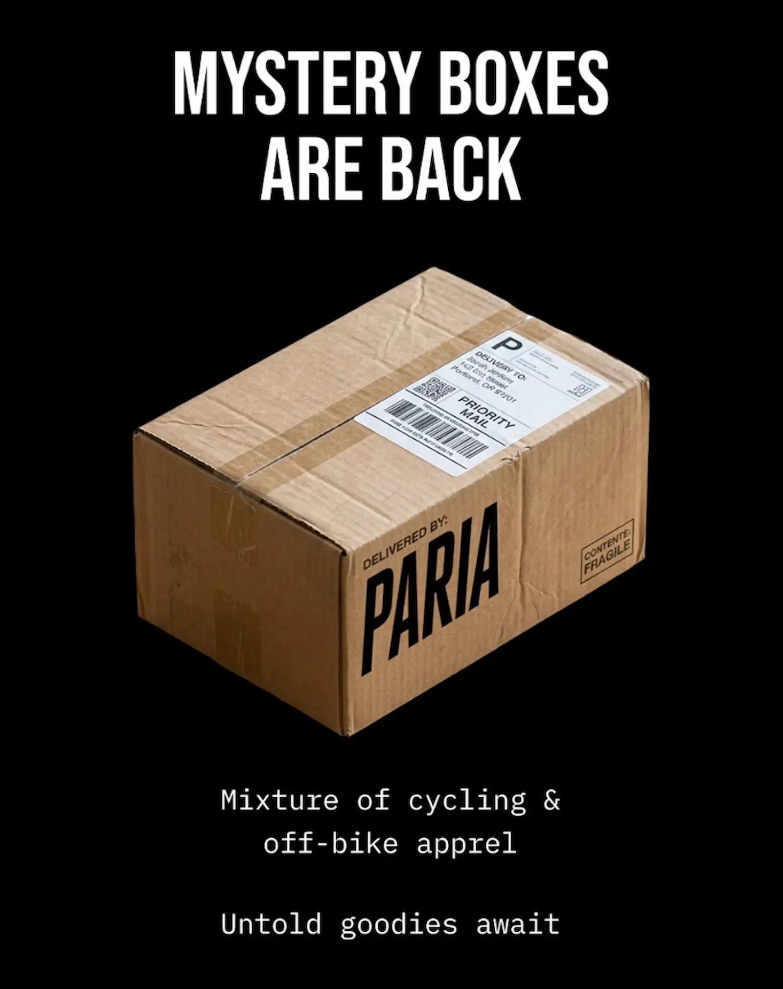 A cardboard shipping box with a Paria label sits on a black background with large white text reading 'MYSTERY BOXES ARE BACK' and smaller text below describing a mixture of cycling and off-bike apparel.