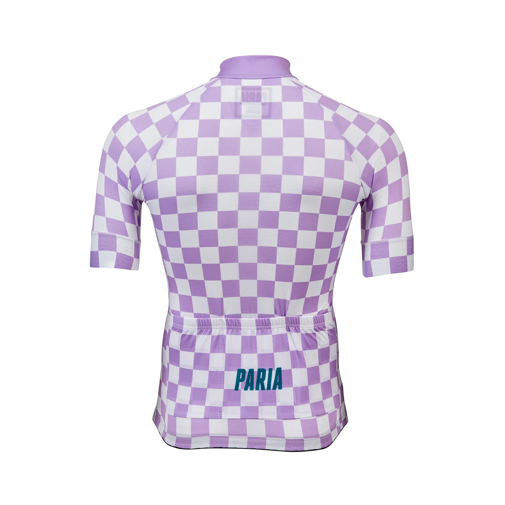[design:Wreckerboard] Back view. A short sleeve cycling jersey featuring a geometric pattern in purple and white colors.
