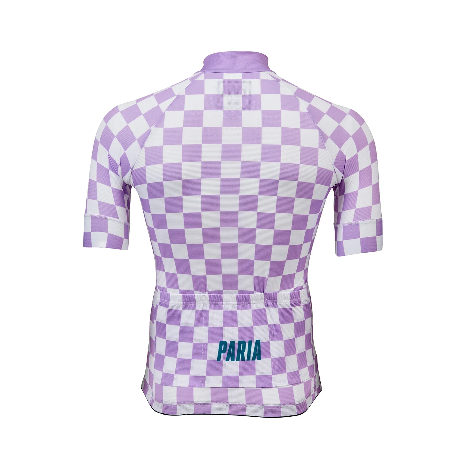 [design:Wreckerboard] Back view. A short sleeve cycling jersey featuring a geometric pattern in purple and white colors.