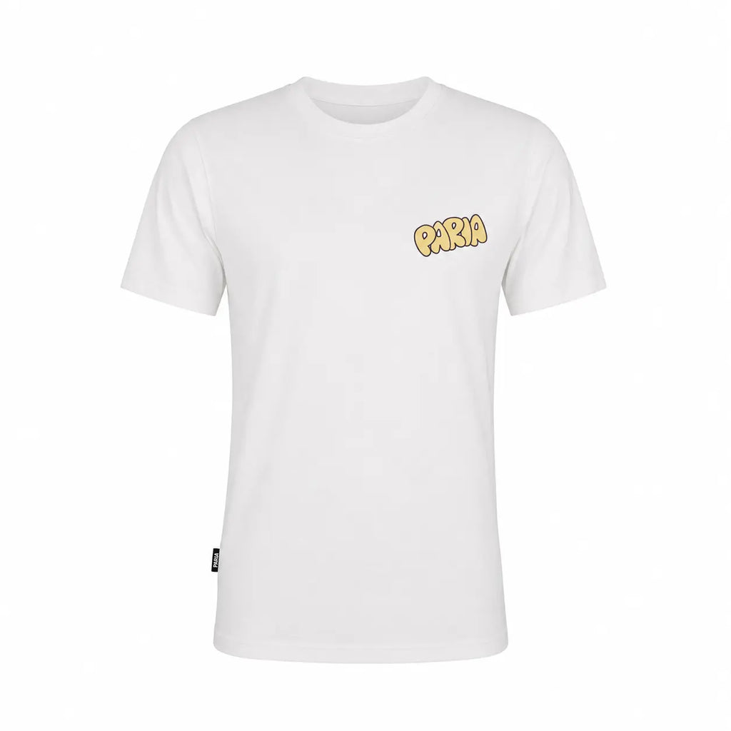 White t-shirt with yellow text on a white background