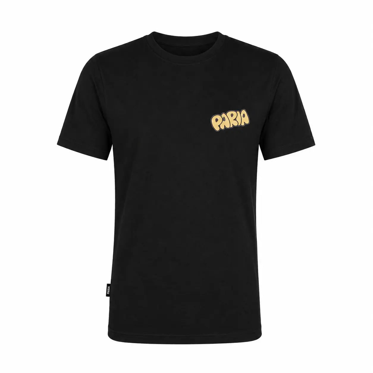 Black t-shirt with yellow logo on a white background